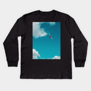 Sky Diver: Woman in Red Bathing Suit Dives Gracefully Through the Clouds Kids Long Sleeve T-Shirt